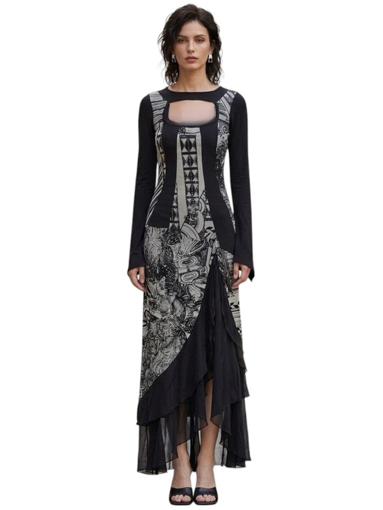 Save The Queen Dresses & Skirts - Save The Queen Cutout Maxi Dress Mesh Asymmetrical Overlay Print Size Medium